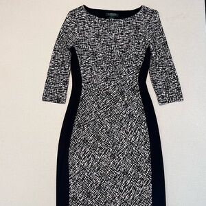 Lauren RALPH LAUREN Black & White Ruched Sheath Dress Boat Neckline 3/4 Sleeves